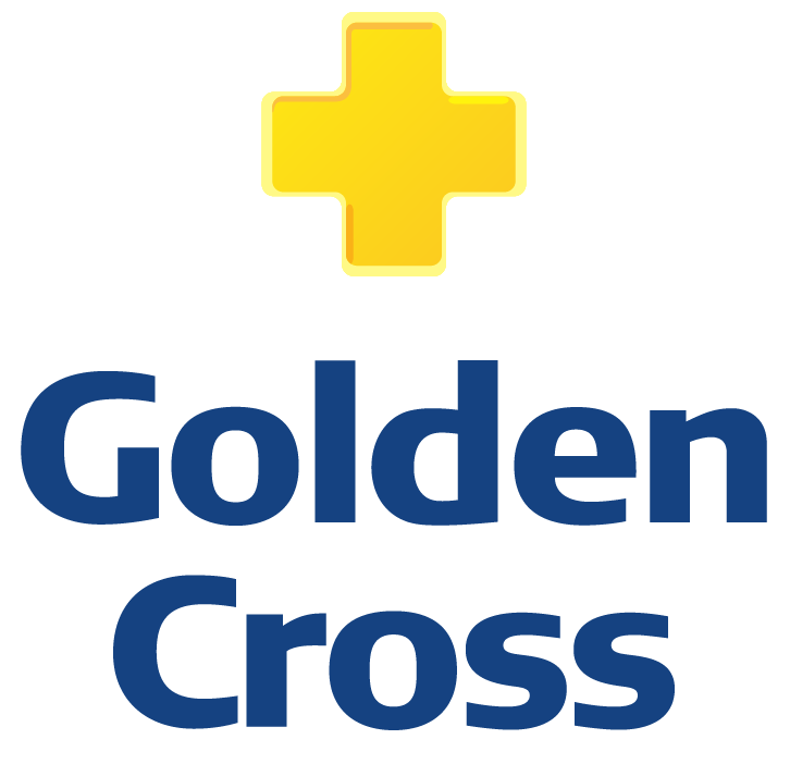 Logo Golden Cross - uma cruz dourada sobre o nome da marca.