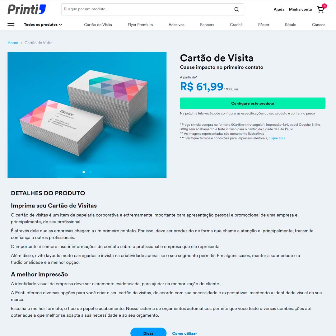 Imagem de uma tela do site Printi.